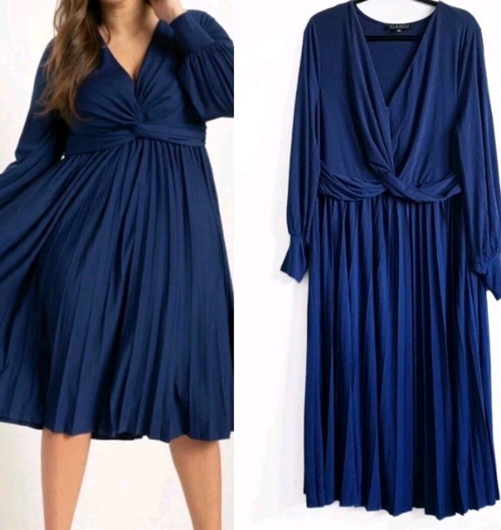 Eloquii Knot Front Pleated Skirt Jersey Dress Plus Size 20 Blue Stretch
